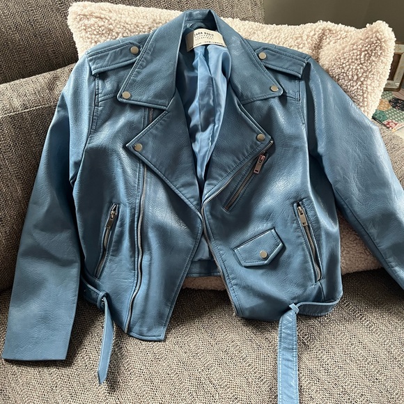 Zara Jackets & Blazers - Zara baby blue/turquoise moto jacket